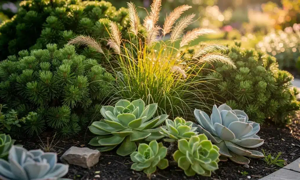 Des arbustes persistants, graminées ornementales et succulentes forment un parterre luxuriant baigné d’une douce lumière naturelle.