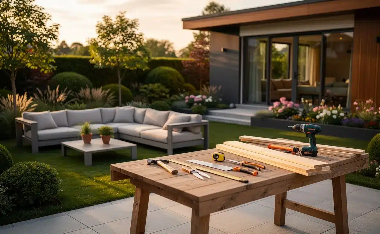 Un jardin aménagé avec verdure, mobilier d’extérieur moderne et outils de bricolage posés sur une table en bois, éclairé par une lumière dorée.