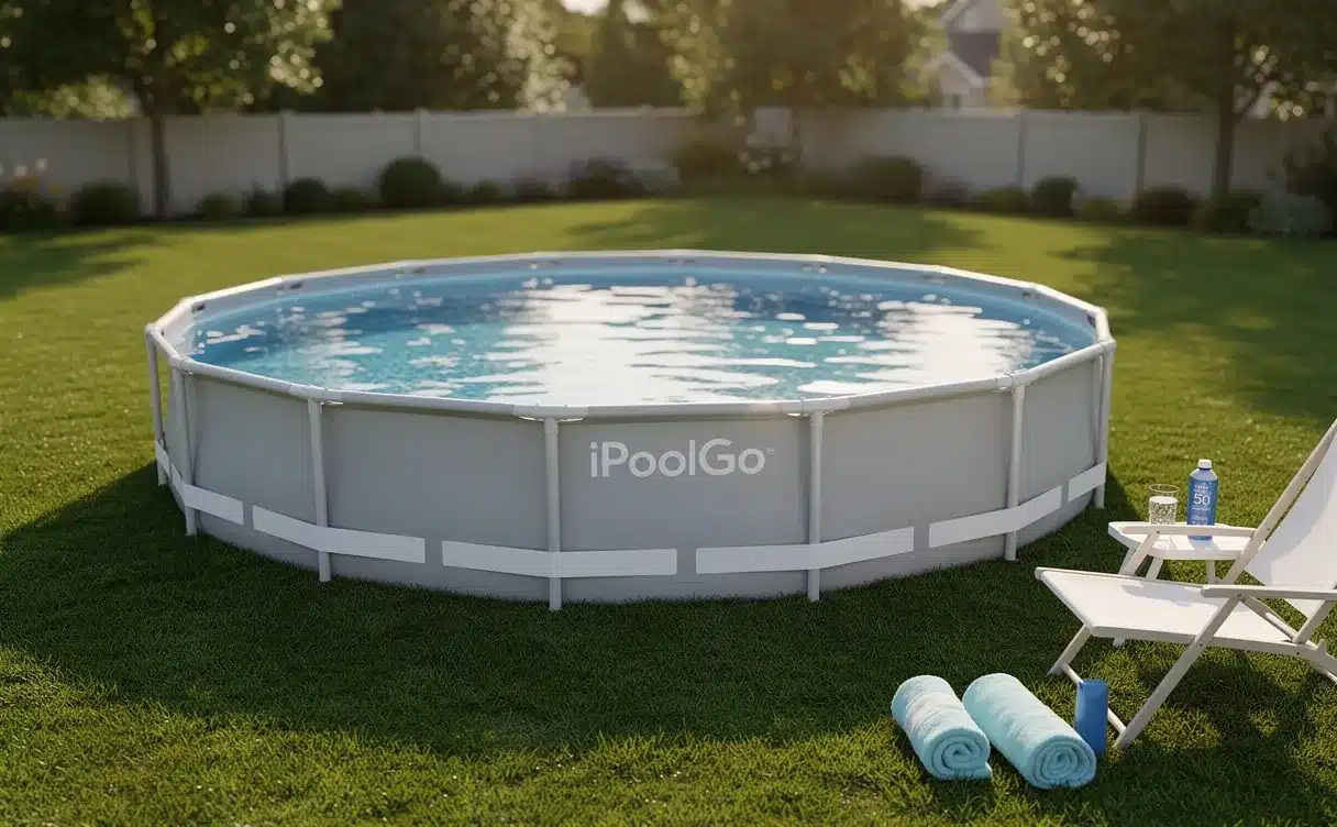 Une piscine iPoolGo installée dans un jardin ensoleillé avec de l’eau bleue, de l’herbe verte et des accessoires de piscine à proximité.