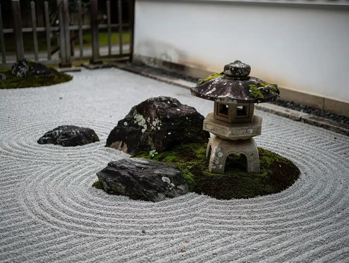Coin de jardin zen avec gravier clair ratissé en vagues, rochers couverts de mousse et lanterne en pierre