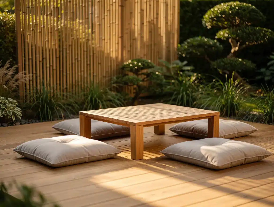 Terrasse basse en bois dans un jardin zen avec coussins de sol, table basse en teck et paravent en bambou