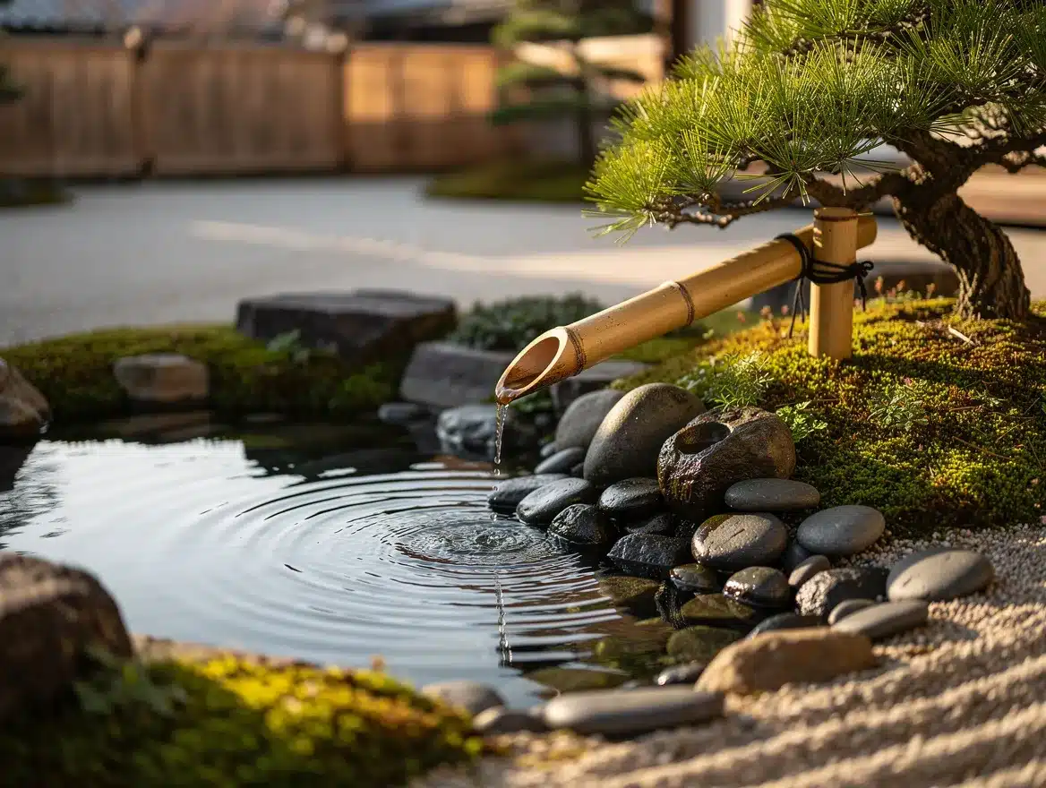 Petit bassin de jardin zen avec fontaine en bambou shishi-odoshi, pierres lisses et mousse