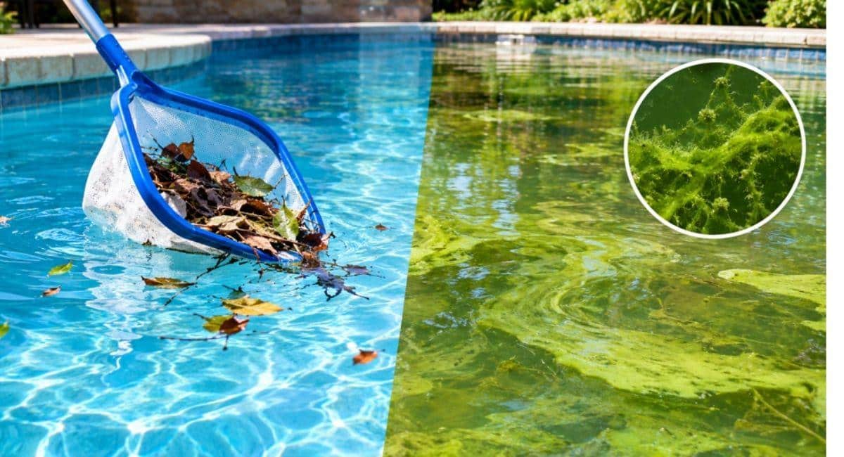 Épuisette remplie de feuilles mortes sur une eau de piscine claire, à côté d'une eau verte chargée d'algues filamenteuses