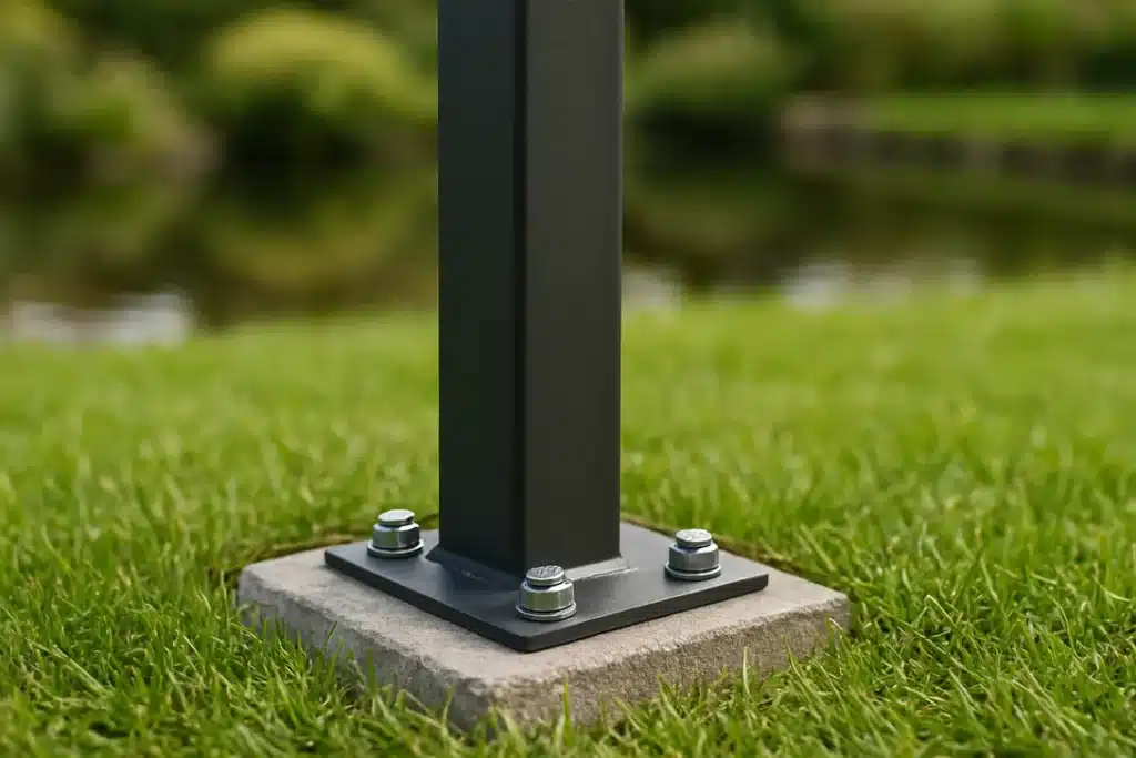 Pied de tonnelle de jardin fixé sur un plot en béton dans la pelouse