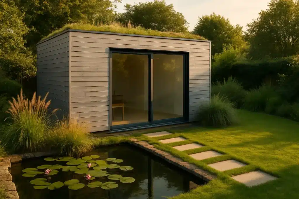 Studio de jardin en bardage bois avec toit végétalisé face à un bassin à nénuphars
