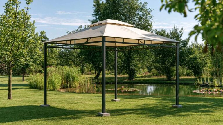 Tonnelle de jardin à toile beige et pieds lestés sur une pelouse, au bord d'un bassin